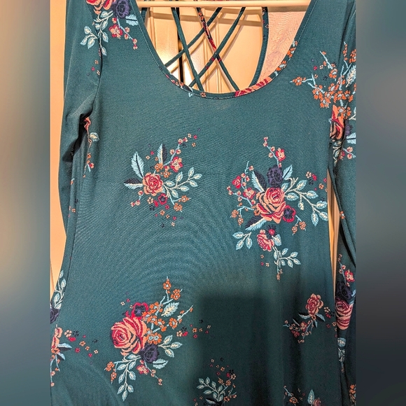 Teal blue & ๐ธ pink floral mini dress long sleeve strappy criss cross open back - Picture 10 of 13